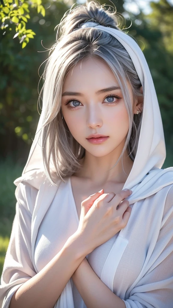 (Big C breast), sexy breast, cleavage, open clothes, sexy bra, real skin, realistic skin, real breast, realistic breast, detailed skin features, detailed clothes features, body proportions, real face, detailed facial features, beautiful eyes, grey eyes, detailed eyes, glossy lips, detailed face and breast,