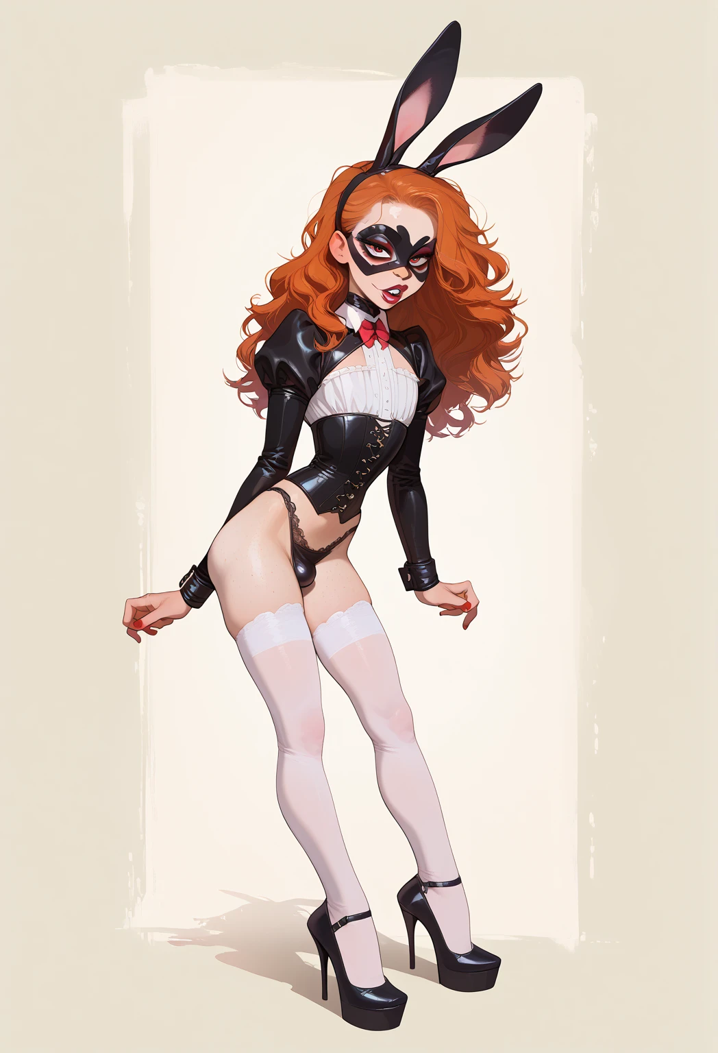 Beautiful sensual erotic woman with big .She wears fishnet stockings up to her thighs.Blue eyes with black eyeliner, Red semi-matte lipstick, Tan Skin, A frivolous, proud smile,Redhead.Full body image、Plain white background、Black thigh-high boots with black stiletto heels.Black harness、Black bikini swimsuit、Black bra、Black garter belt、Black long gloves、Full body angle from the front、Bondage 、Pin-up girl style、Wevibe installation