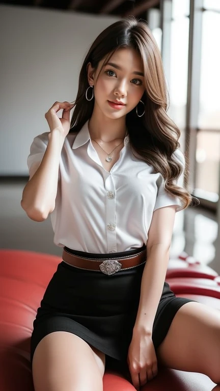 (8k high resolution, masterpiece, best quality. alone complicated details Chromatic aberration) realistically ((chest)) Hair in one eye, purple eyes, big round hoop earrings, sharp eyes, diamond choker, red gemstone necklace. ,(Symmetrical eyes),(Perfectly symmetrical body),(Photo of a beautiful 21 year old girl),Beautiful and charming with contemporary fashion illustrations through the eyes of the viewer. ((Behind the scenes of a large classroom)) , (black short skirt), (((Wearing a white short-sleeved shirt, fully unbuttoned, bare-chested, no bra.), (openly), ())), ((thigh high) ) (Leather belt, long square buckle) ((Put your hands down.)) (Golden bob, side bangs, golden hair (A thin layer of hair covers the face.)), sharp eyeliner, Eye shadow blush with thick eyelashes, Very delicate and beautiful, round chin, Sharp focus, luxurious, Open your legs on the study table. Turn your head with your legs open at eye level. Open your legs and lift your right leg over your left leg. Let your legs be at eye level naturally. Keep your legs slightly apart in a dynamic pose.