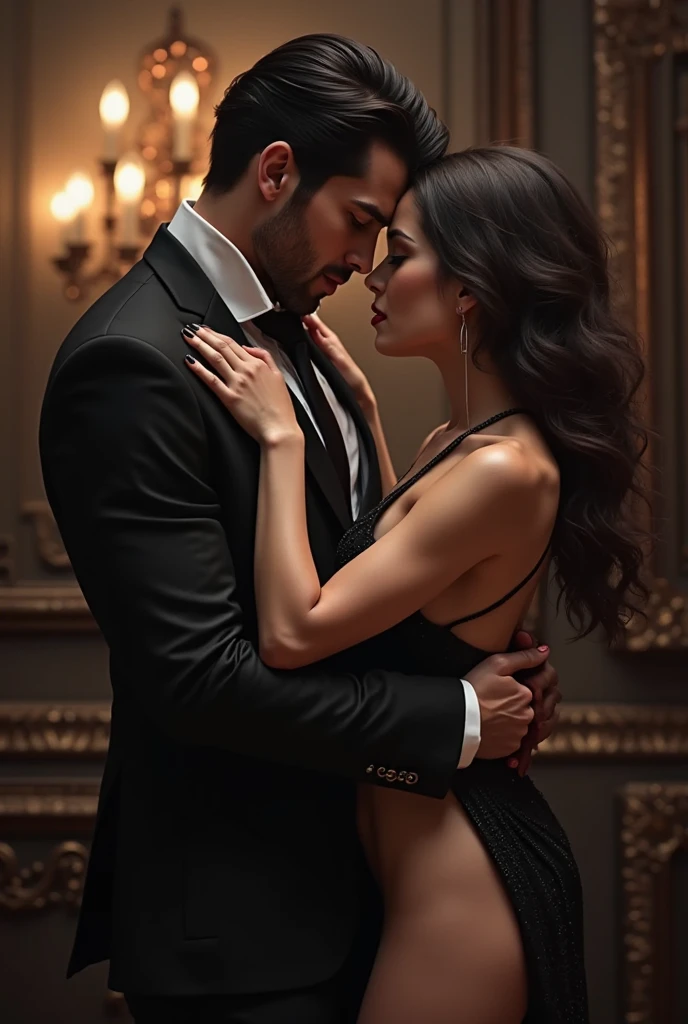 1 handsome men with slick back hair hugging 1 gorgeous hijabi girl 18 years old, she wears sexy lingeri, sexual desire, masterpiece, maximum resolution, eyes closed, sexy legs