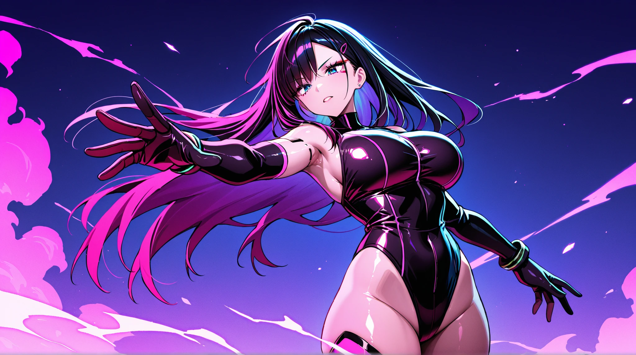 young girl, big bust, purple eyes, Spider-Man 2099 look, Smile, cobweb, lightning, masterpiece, high quality,micro bikini