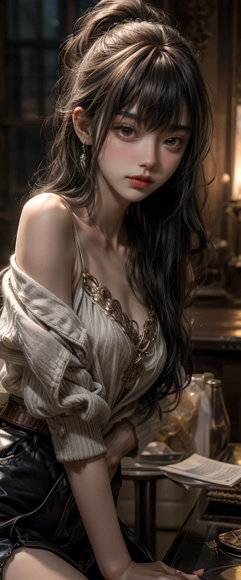 photorealistic, high resolution, soft light,1women, solo, hips up, shinning skin, (detailed face), jewelry, tattoo, super long hair,), black hair, long hair, mafia, cool, handsome woman, seductive, small breast