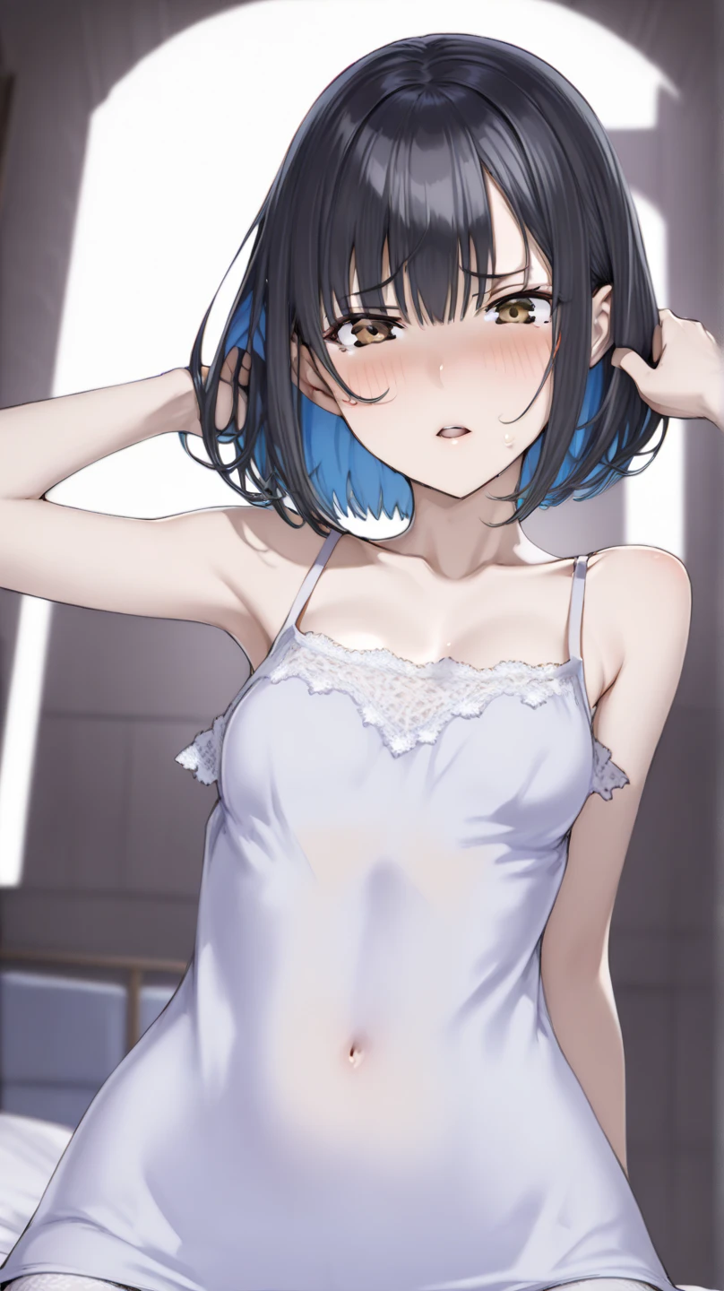 nightie , upper body, smile, blush, indoors, , simple background, , short hair, , , looking at viewer, , , moody lighting, facing viewer, arms up, sweaty