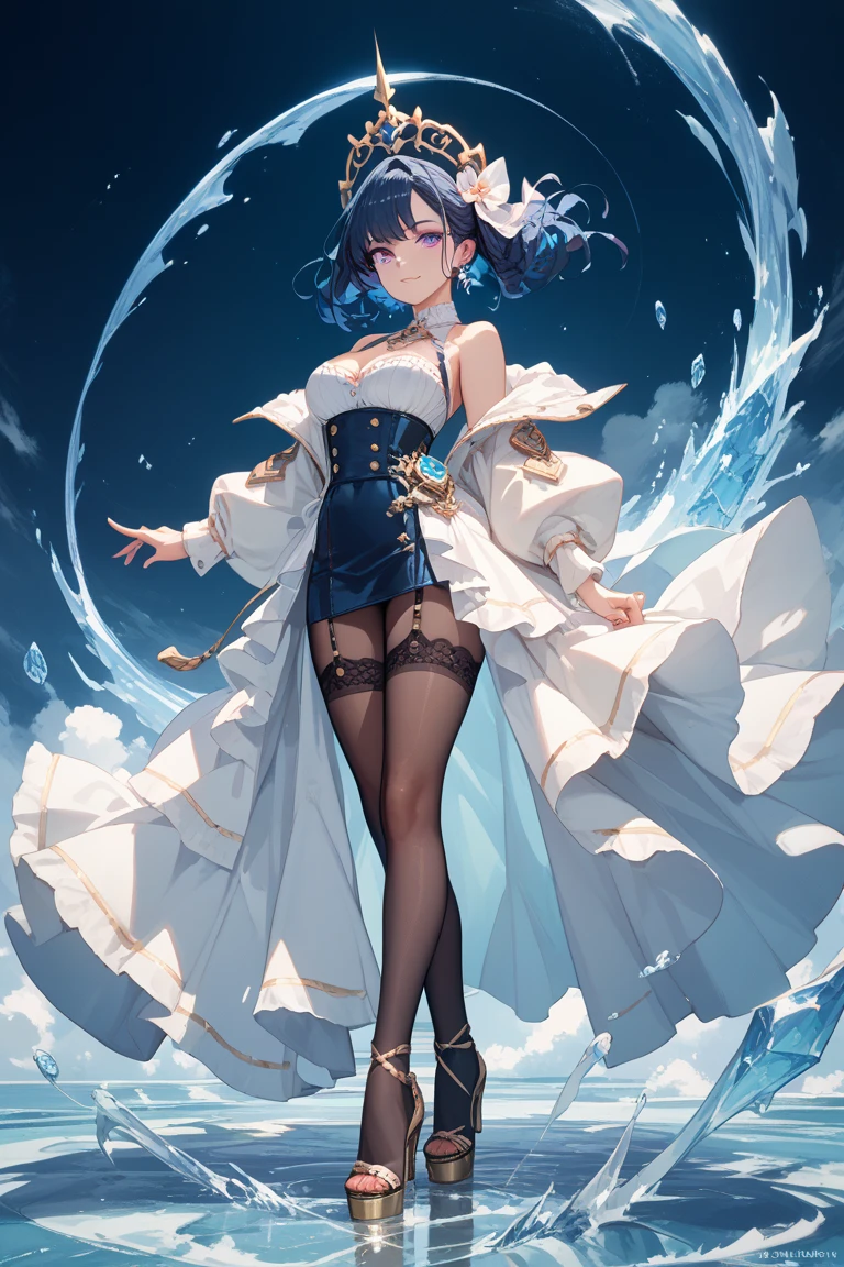1.5),(1 girl),(dynamic poses),),(blue eyes),(neck strap),(floating),(cloud),(Too many water droplets),(twilight),(watercolor),(Wide-angle lens)