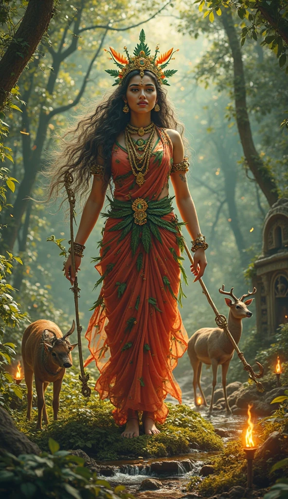 I want an image of Pachamama, the goddess of nature. Her body is made up of elements of nature. The figure should be majestic and harmonious, it looks like a female figure, but at the same time composed entirely enough of natural elements but she is only is 2 meters tall and is surrounded by jaguars, deers and flowers