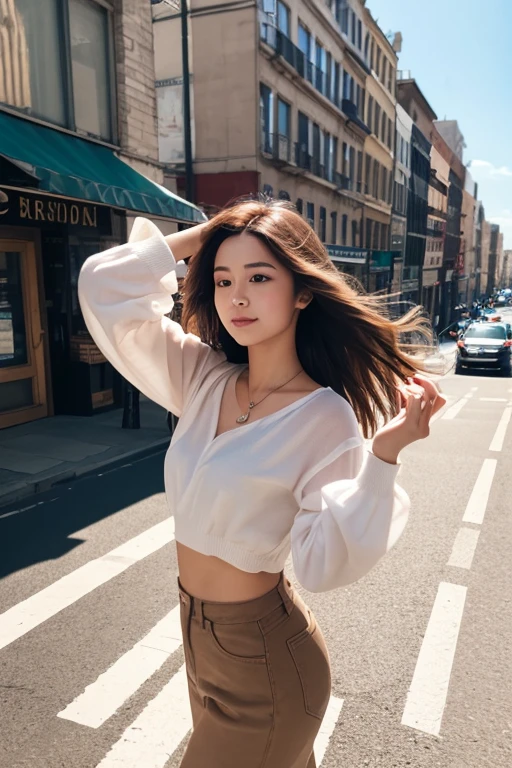 materpiece, best quality, 1girl, brown long hair, hair floating, walk on busy street, sunny day, best fashion