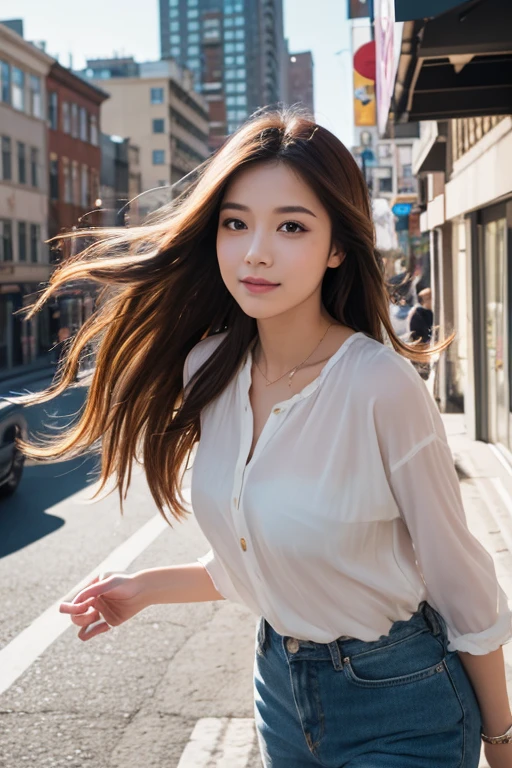 (skin blemish:1.2), (skindentation), black eye, 1woman, 25yo, (((woman))), solo, realistic, best quality, photorealistic, masterpiece, 8k, high res, solo, extremely detailed face, (professional lighting, bokeh), (light particles, lens flare, glowing particles:0.6), (dynamic pose:1.2), soft lighting, top angle view, fashionable and trendy atmosphere, japan, street, tokyo, city, ((daytime)), sky, ((looking at the viewer:1)), (looking at the camera),(portrait:0.6), cowboy shot, gorgeous, standing, keep original facial proportion, wide shoulder, full body, (small breast), (medium hair), brown hair, floating hair, lips, lipstick, seductive smile, floating hair, smile, open_mouth, teeth, (sleeves less white blouse), (jumper skirt), eyelashes, mole, (mole under eye:1),