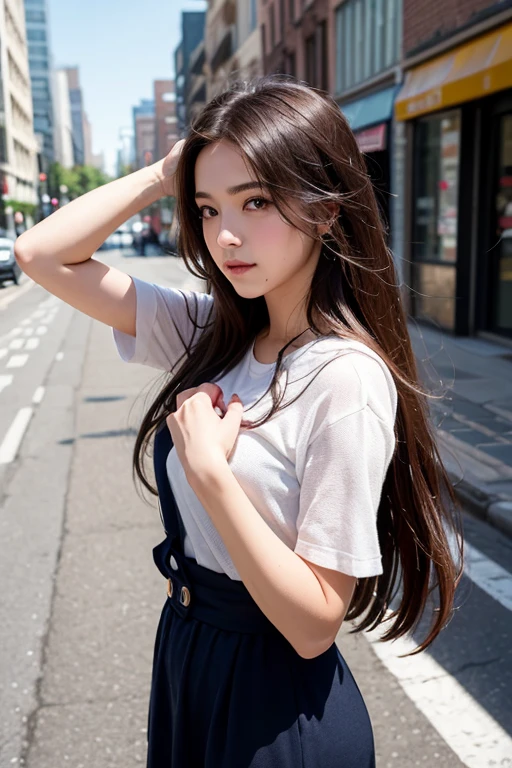 masterpiece、top-quality)、1 beutiful girl、Slim body、((Black and white plain clothes:1.1))、(Detailed beautiful dark brown eyes)、In the Han River、Face similar to Chaewon in Le Selefim、((dark Brown long Hair))、((Smaller face))、((Neutral face))、((Light brown eyes))、((Thai half Korean Girl))、((28year old))、((cool lady))、((Embarrassed expression))、((Korean Makeup))、((elongated and sharp eyes))、((Happy dating))、((boyish))、((She is walking in front of the viewer))、((Looking Up)) , T-shirt, jeans