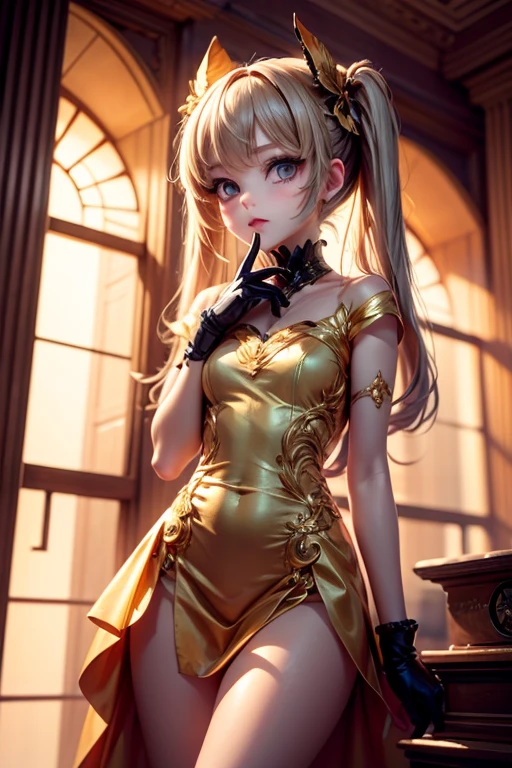 Best, Masterpiece, High Resolution, Best Quality, Ultra HD, Super Detail, Award-Awarded, 16k, Solo, (Upper Body), Anatomically Correct, Beautiful Maiden, Cute Face, Highlights, Gradient Beige Hair, Hair Strands, (((Heterochromia))), Long Eyelashes, Hanging Eye Corners, Fair Skin, (Small), (Slim Body), ((evening_gown)), Stud Earrings, (Neck Rings), Very, Very Short Gloves