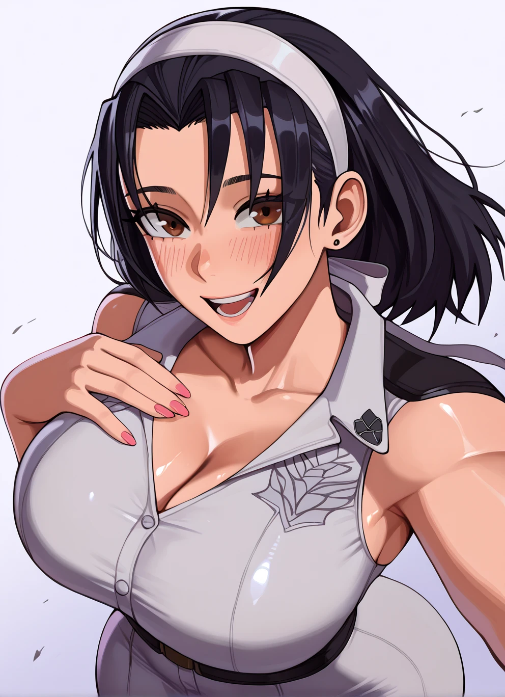 masterpiece, best quality, kumashiro maya, 1girl, solo, breasts, cleavage, long hair, white headband, parted bangs, blue eyes, looking at viewer, sweat, large breasts, business suit, collared shirt, pleated skirt, flashy gyaru, happy, showy,too many accessories, colorful , kogal, kogal gyaru, necklace, earrings, bra peek