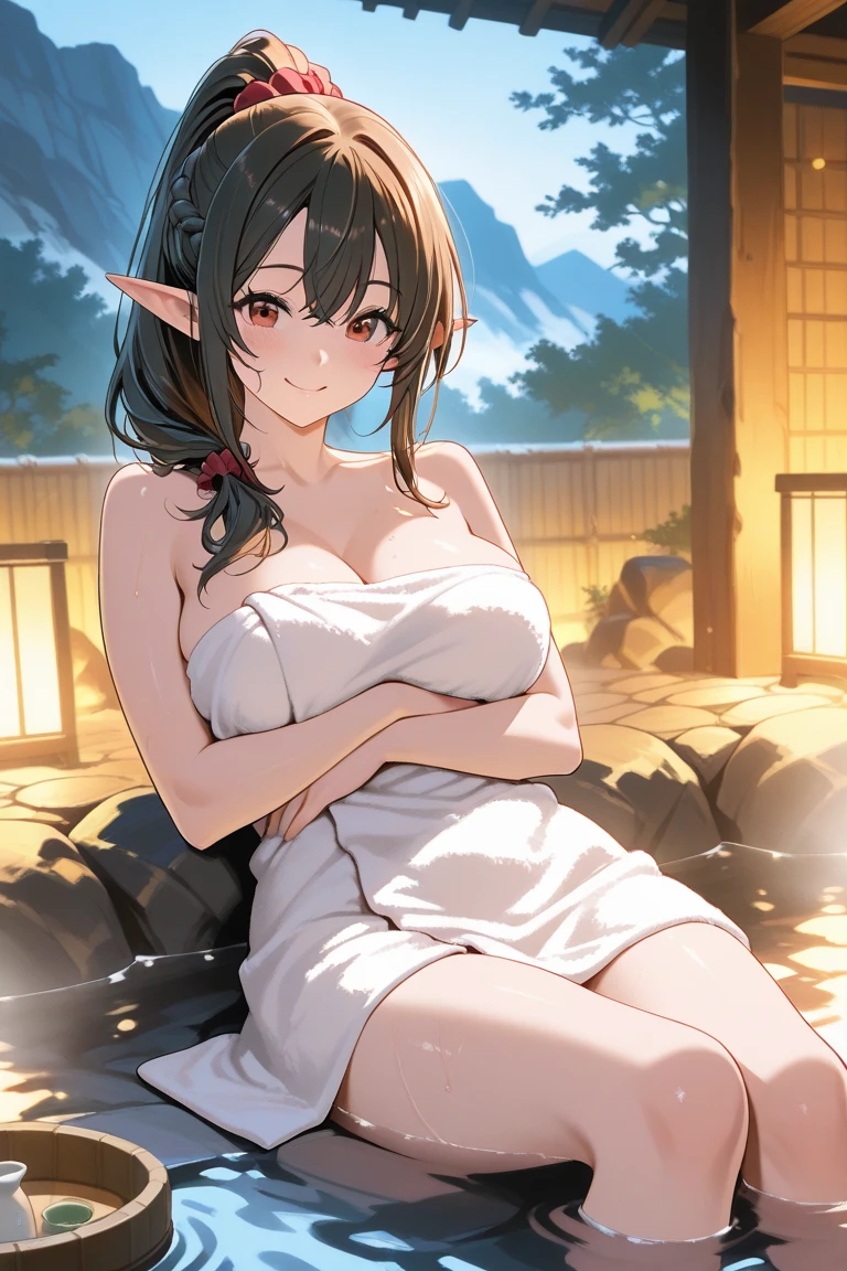 <lora:naked_towel:0.8> towel, adjusting hair, , outdoors, solo, wet, thighs, towel, looking at viewer, snowing, smile, steam, brown hair, water, bucket, cleavage, wooden bucket, halo, onsen, hair between eyes, winter, snow, 1girl, blush, pointy ears, tree, covered navel, wading, covering, hand in own hair, brown eyes, long hair