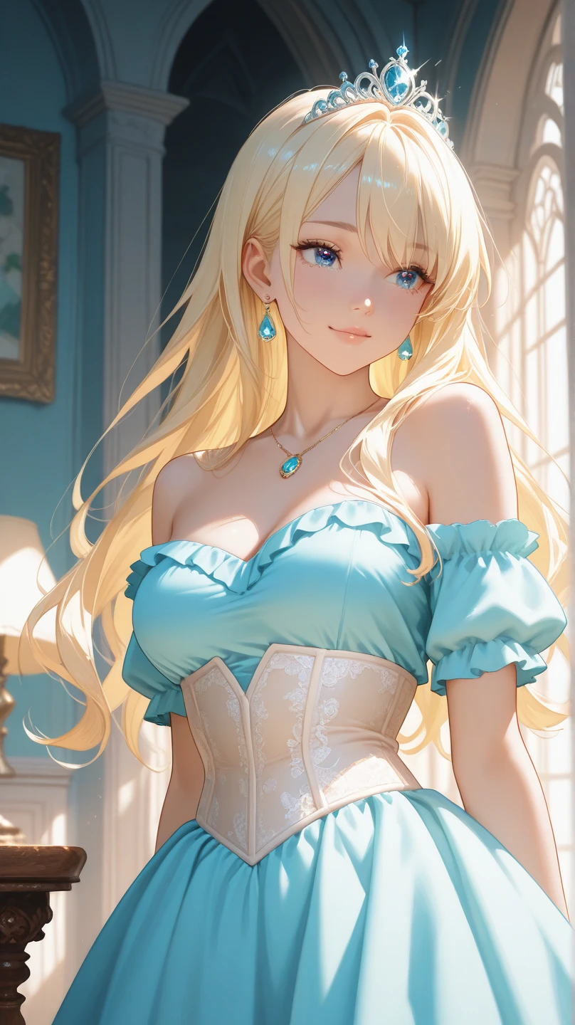 masterpiece、Highest quality、High resolution、High-quality images、8k, 1 female、Skin Radiance、Texture of skin and clothing、Expression of fine eyes、Manga inspired by Lee Jong-suk, Trending on deviantart, realism, detailed manga style, Manga art style, Perfect line drawing, Beautiful line art, digital manga art girl, K-POPアイドル, Fuller lips, Gorgeous face with attention to detail, (smile), charm, Innocent, Side view, (Perfectly detailed face), (Beautiful Hands) Photorealistic images, Written boundary depth,evening、Adult female、Long Hair、Wavy Hair、Blonde Hair、Light blue eyes、Curly hair、Big Breasts、Circlet