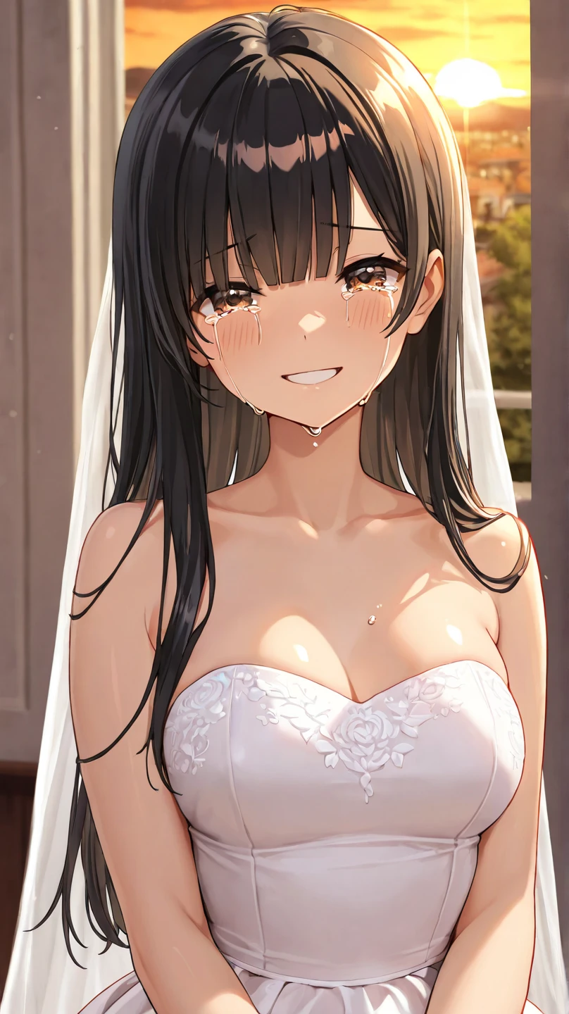 official art、(高精細CG Unity 8K:1.5),perfect lighting,Colorful,bright front lighting,(curve,model,Glamour:1.5),(realistic, 超realistic:1.5),(sharpness:1.5),
(masterpiece:1.5), (Highest_quality:1.5), super high vision, super detail,top view,(blushステッカー:1.4),(standing:1.3),(Holding a bouquet of white flowers in both hands:1.5),Hands hide with flowers,
(slender:1.5),photo shoot,High resolution,(Bright colors:1.5),(Smile:1.4),
(cowboy_shot:1.4),daytime、sunshine,look up,white petals dance,
parted bangs,beautiful breasts、(alone:1.5),(handsome figure:1.5)
(1 girl:1.5)、18-year-old、high school student、beautiful fingers、beautiful body、beautiful nose、beautiful character design、perfect eyes、perfect face、beautiful hair,animated, (Exquisite fabric,beautiful detailed eyes:1.3), (portrait),
(Lovely、big breasts:1.5),(beautiful face:1.5),delicate pattern,intricate details,The Highest girls in anime,beautiful anime woman、naughty anime style、lewd,(White translucent silk hood:1.4),(Exquisite fabric,Ren Hao:1.4),(white lace skirt,bride costume,:1.5),blush,shiny skin,(Style image of a woman wearing a white lace wedding dress:1.5),seductive anime girl、Smooth anime CG art、Beautiful charming anime teen、Photorealistic anime girl rendering、beautiful attractive anime woman,soft lighting、beautiful anime girl、attractive anime girl、Perfect body with realistic shading、(brown eyes:1.4),(black hair:1.5), (Style image of a bride wearing a veiled wedding dress:1.5),