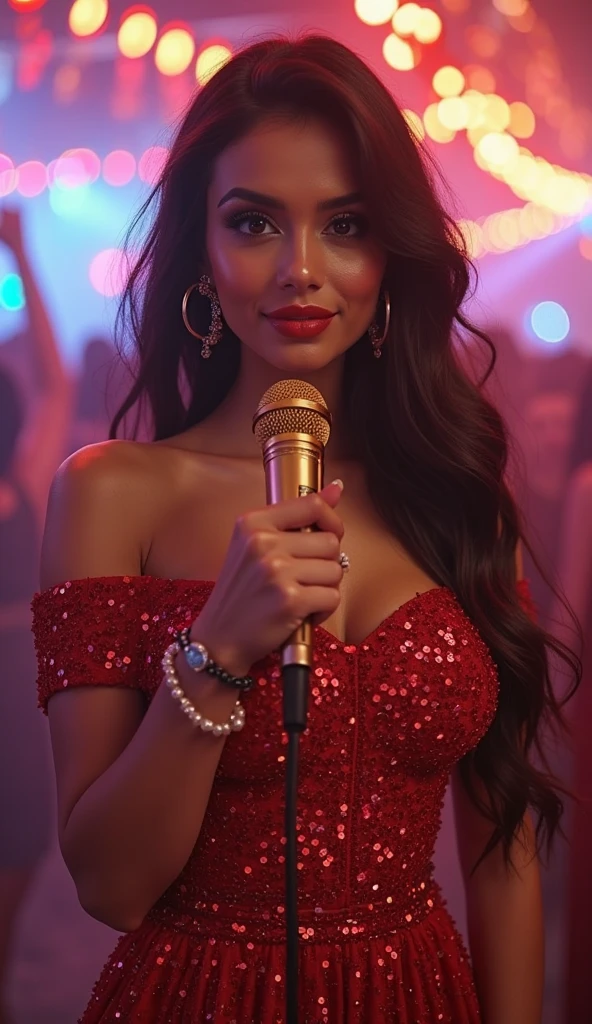 8k full view singing in a local bar full body view,a beautiful Italian American woman, blue eyes, long black and red ombre hair with blue highlights,wearing a skirt and a sparkly red top with sparkly shoes  black and red coffin shapped acrylic nail set with a blue french tip,diamonds,and an elegant design singing in stage in front of a small audience 