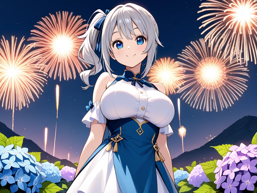 masterpiece,Highest quality,8k,Night Sky,firework,,Bold Pose,Big behavior,Shiny hair,Glossy skin,Japanese idol model,
