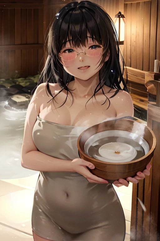 (high quality:1.2,Ultra-realistic) 、Detailed face、Detailed eyes、Beautiful Japanese Woman、22 years old、Black Hair,(Japanese spa),outdoor、Open-air bath,ryokan, BREAK ((wearing Japanese checked pattern yukata,obi)),((visible nipples,hairy pussy)),((breasts off)),(cleavage),,(Standing in onsen),(steam:1.3),(sweaty:1.3),  (Big smile,Happy expression:Pure joy),she has (short twin braids hair with side bangs) and、 (Holding a large beer mug),(blushing:1.5),(drunk face&1.2),(oval Glasses:1.3),(wet skin:1.2),