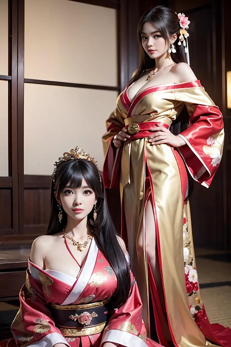(couple cuddling) rough man Zeus muscular naked, beautiful, sexy, big breasts, cleavage, bare legs, see-through, standing, hanfu, wet, clear, realistic, highest detail, Chinese mythology, dragon pattern, phoenix, sacred, holy, golden mountains, heavenly palace, countless palaces, clouds, golden light