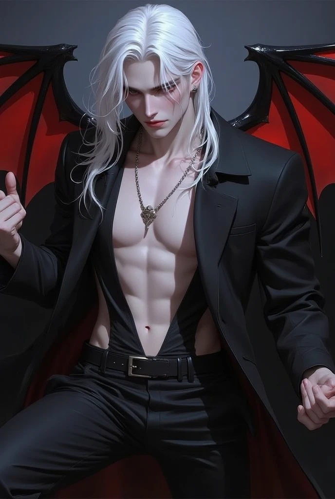 White young man, shirtless, red pants, vampire teeth, red eyes, spiky gray hair