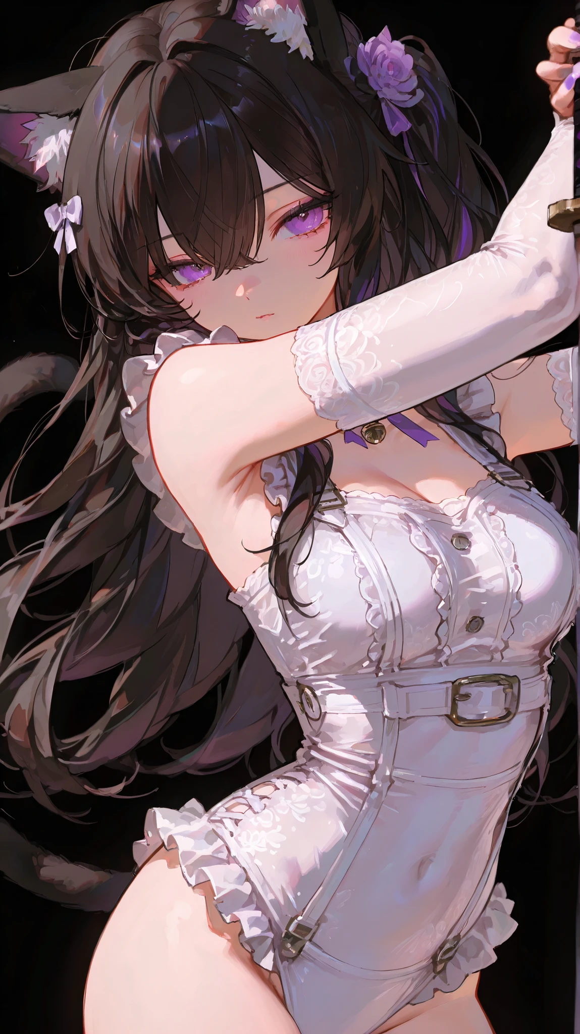 //Quality and character realistic, super photo realistic illustration, hight resolution, ultla detailed, absurderes, extremely beautiful lady, (Full body:1.2), Medium Hair, flat chest, BREAK //Fashion (See-through cloth:1.5), (Transparent cloth:1.5), (Transparent see-through (White lace :1.5) Gothic punk:1.8), (Ultra-high density embroidery (White lace:1.5) bustier:1.5), (Ultra Definition Race Angel Halo:1.3), (Ultra Definition Transparent Lace Devil Wings:1.3), (see-through frill:1.5), (Super Detail Embroidery Layered See-Through Skirt:1.5), (Ultra detailed see-through sexy bra:1.5), Ultra detailed lace sexy high stockings:1.5), pierce, BREAK //Background (White background:1.2), BREAK //effect (Colorful:1.5),