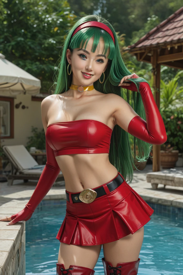 (ultra realistic,32k,RAW photo:1.1),(high detailed skin:1.1), 8k uhd, dslr, high quality, film grain, (makeup, mascara:1.1), lips,(thick\lips\), 
(shiny glossy translucent clothing:1.1), dragon ball, blmshort, aqua hair, very short hair, earrings, jewelry, red dress,   yellow scarf, short dress, sleeveless, huge breast, 
(looking at viewer, sitting, crossed legs:1.1),, 
 (busty:1.1) ,  (chubby:0.1),(neon pastel light:1.1),dark theme, astral energy nexus, converging energy streams, spiritual awakening, metaphysical phenomena