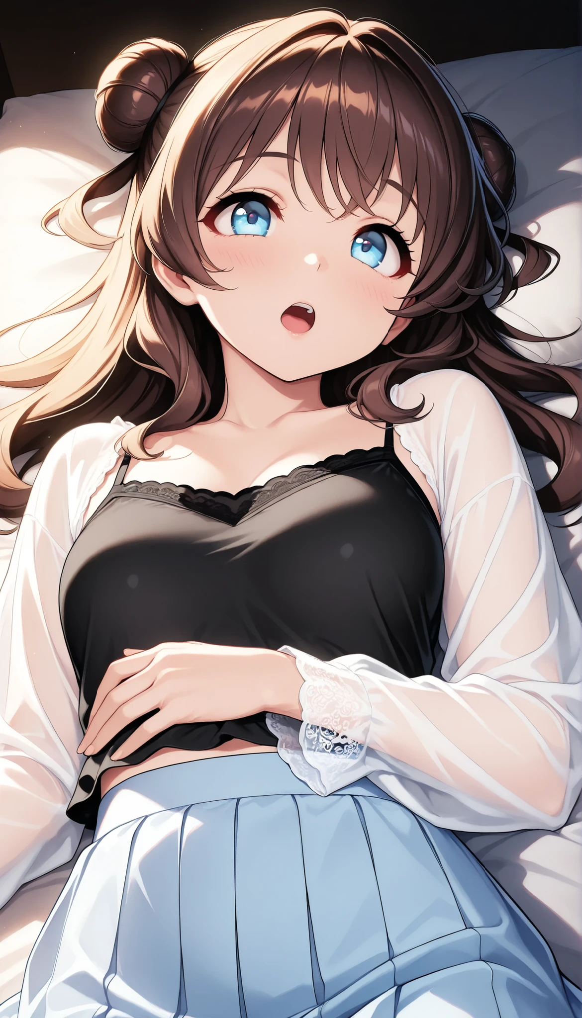 1Sangonomiya kokomi, large breasts, cleavage, navel, t-shirt, ((bra)),clothes lift, skirt, lying, full Body, perfect body ,sitting, armpit