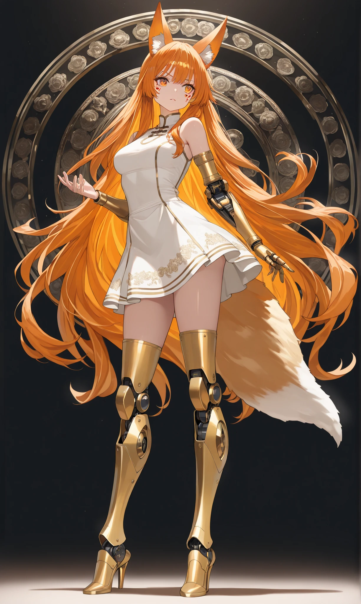 A young woman, likely Asian, is depicted in a stylized fashion illustration. She stands in a three-quarter view, positioned slightly off-center to the right of the image. The woman's complexion is light, and she has a serious expression. Her hair is white, styled in a spiky fashion. Her eyes are a striking yellow-orange. She wears a long, black, floral-patterned qipao dress with a white underskirt. The floral pattern features white peonies on a black background. Her body is sculpted with a lean build. Her attire is complemented by metallic, gold-toned armor and mechanical enhancements on her arms and legs; the armor is accented with black details. High-heeled boots are in sync with the armored design. The background is a plain, light gray. The lighting is even, highlighting the details of the character's dress and armor. The style is anime/manga inspired, with bold lines and detailed features. The composition is strong and creates a sense of power and elegance. The character's pose suggests readiness or alertness. A large, ornate gold-toned arm guard is on the right arm. The image's style is visually striking, with a focus on elaborate detailing.。Female figure (ethnicity:1.2), (age:1.1), (detailed clothing:1.2), (detailed skin texture:1.2), (accessories:1.1), (facial features:1.3), (expression:1.2), (body type:1.1), (pose:1.2) wearing a black and white floral qipao dress (detailed embroidery:1.2), with white fox ears and tail, (detailed hair:1.2), (long flowing hair:1.1), mechanical arm extensions (gold accents:1.1), standing in profile view (facing slightly to the right) and looking to the front, high heels, on white background with vertical lines, (detailed mechanical details:1.2), (mechanical leg armor:1.2), full length shot, (sharp focus:1.2), digital art, anime style, photorealistic style, (high detail:1.2), fashion illustration.
