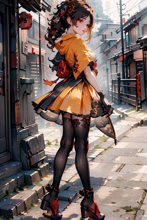 fenniB, long_sleeves_skirt, red_single_thighhigh, thigh_holster, elbow_gloves, hairclip, high_heel_boots, strap, 1girl, solo, twintails, blonde hair, detailed_face, orange_eyes, (light_smile:1.1), looking at viewer, (full_body:1.2), city,skyscraper, trees, day, blue_sky, dappled_sunlight,summer, holiday, (masterpiece,best quality,beautiful and aesthetic:1.2), <lora:fenniABv1:0.75>