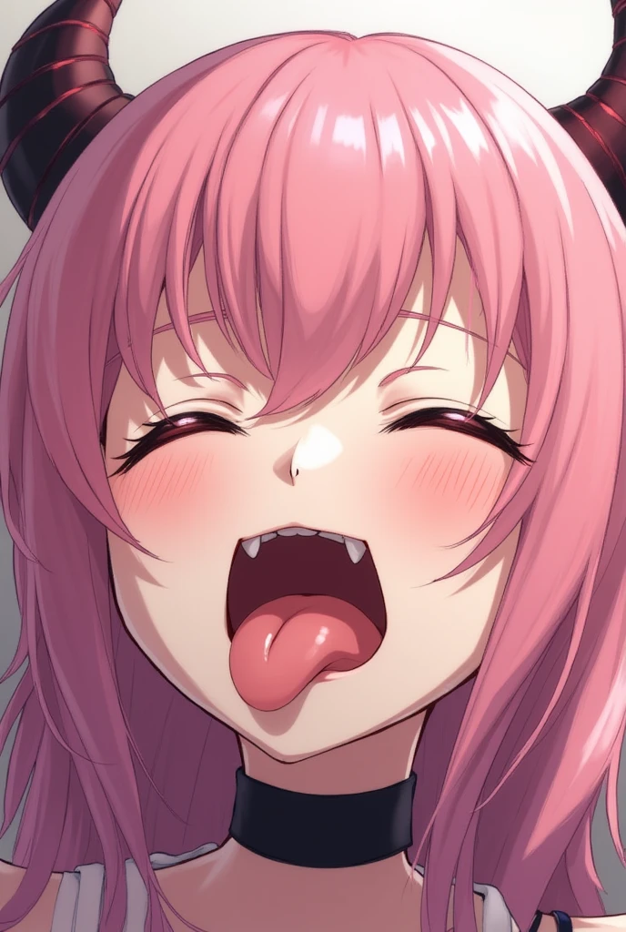 (best quality, 8k, 32k, masterpiece, UHD:1.2), highres, sharp focus, beautiful detailed face, delicate details, (cartoon cow girl with her mouth open and teeth showing) , 1girl, solo, pov, no background, (face close up), (looking at viewer), (head up), not wearing headgear, ((vore)), smile, (red gum), (((big teeth))), (naked), big mouth, lighting forward, perfect teeth, pink hair, saliva