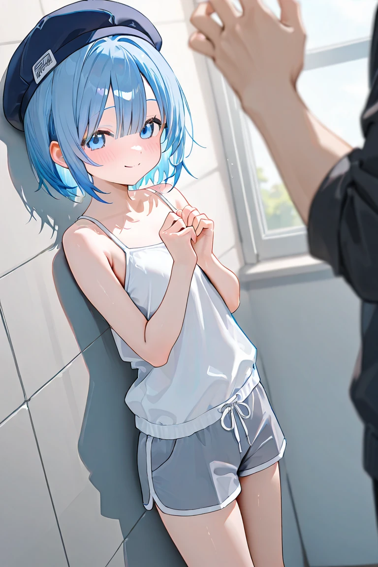 zPDXL2, peeksex, 1girl, standing, arona, blue eyes, blue hair, short hair, single braid, hair over one eye, halo, white choker, white hairband, in door way, ohogao, teary-eyed, drool, half-closed eyes, trembling, rolling eyes, blush, shiny skin, white tank top, striped panties, sweatdrop, reflective skin, oiled skin, oily skin, sweat, small breast
