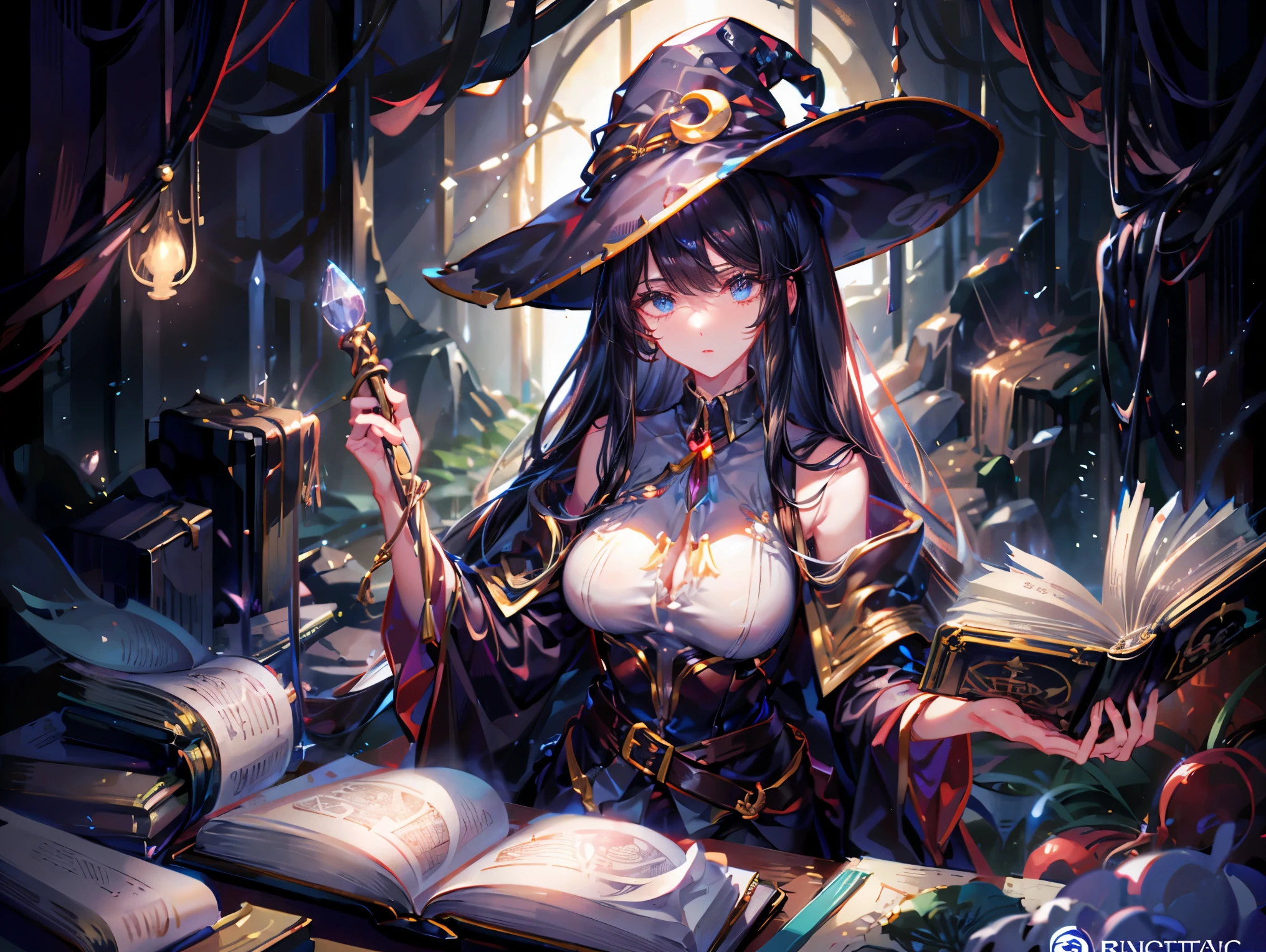 A blonde-haired female sorceress explores the depths of a mysterious underground dungeon. She discovers an ancient grimoire resting atop a tall, waist-high crystal pedestal carved with runic symbols. The grimoire is an ornate, weathered tome bound in black leather with glowing glyphs on the cover. The sorceress wears a flowing indigo robe with silver embroidery along the hems and cuffs, layered over a fitted leather corset and a practical utility belt. Her wide-brimmed indigo witch hat is slightly worn, adorned with a silver clasp shaped like a crescent moon. She holds a twisted elmwood staff, which radiates a soft magical glow from its tip, subtly illuminating the surrounding stone chamber. Her blue eyes reflect determination and wonder as she gazes at the tome. Her long blonde hair is loosely tied at the nape of her neck. The dungeon is dark and ancient, with moss-covered stone, arcane symbols glowing faintly on the walls, and a sense of deep, hidden magic in the air.