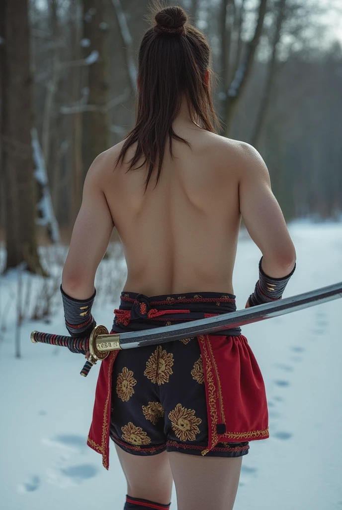 a tired samurai with his back turned, his sword covered in blood, long hair