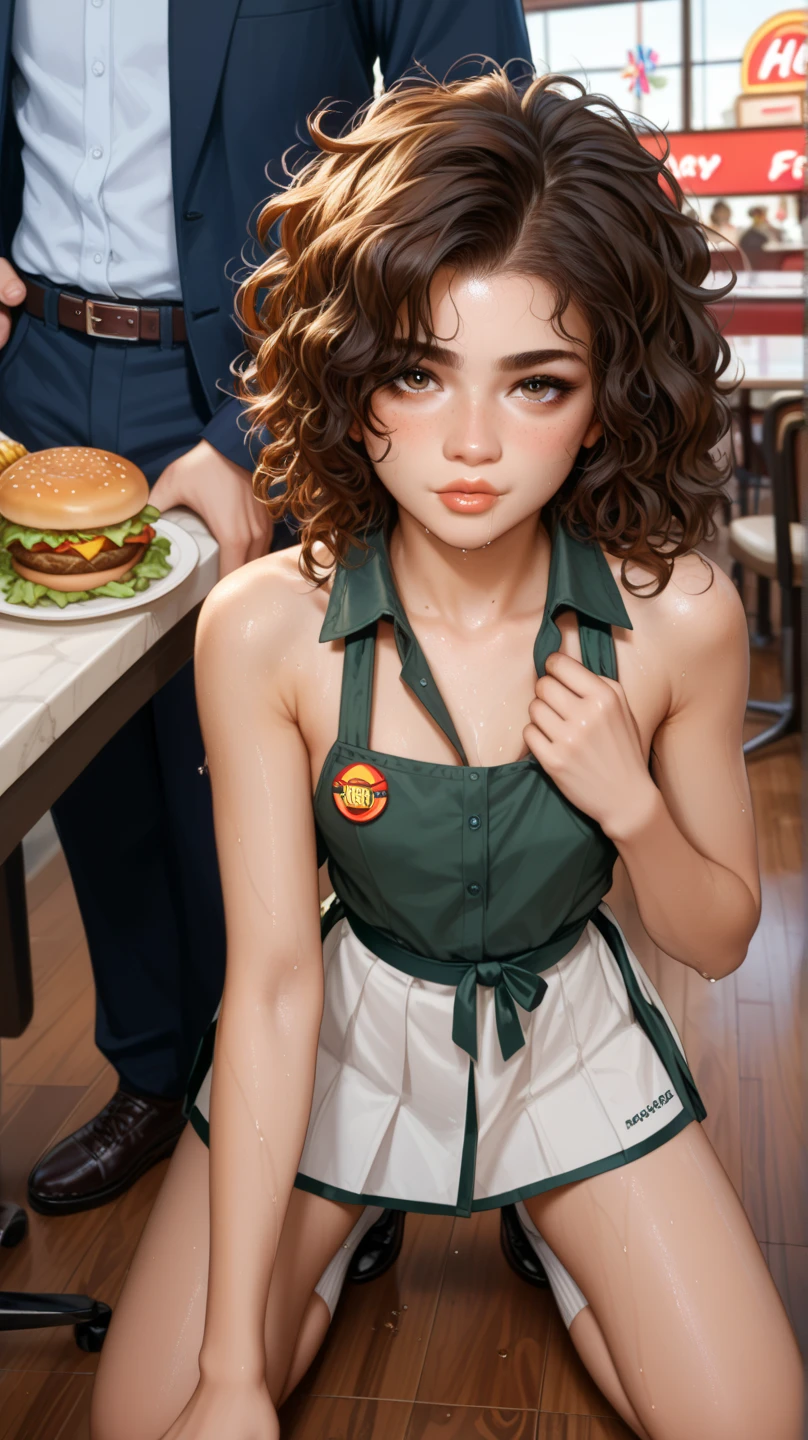 There is a tanned skinned adult woman carrying a plate, in restaurant, with maid uniform, and apron, heels, black thighs, white hair, darker lips,thin lips, kind and soft face,naughty smile,emerald green eyes,Eyeshadows,sexy eyeliner,knee length hair,curved hair, Big breast, thin waist, high quality, highly detailed skin, front view