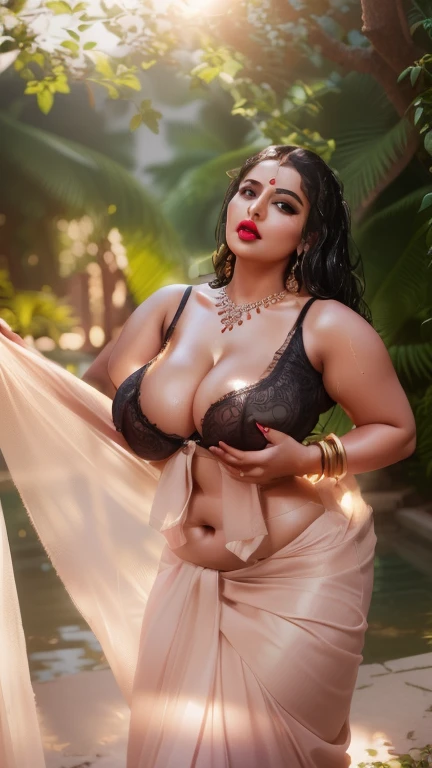 a woman in a sari posing for a picture, Bollywood goddess, traditional beauty, beautiful goddess, ornate cosplay, super model, beautiful maiden, gorgeous woman, provocative gorgeous beautiful woman, intricate outfit, hindu aesthetic, beautiful girl, extremely detailed goddess shot, jaw-dropping beauty, gorgeous face eyes nose lips body, big deep cleavage sexy navel big hips, chubby girl, uhd 8K highest resolution highest quality, shiny skin, highly detailed, hyper realistic, thick girl, plus size model