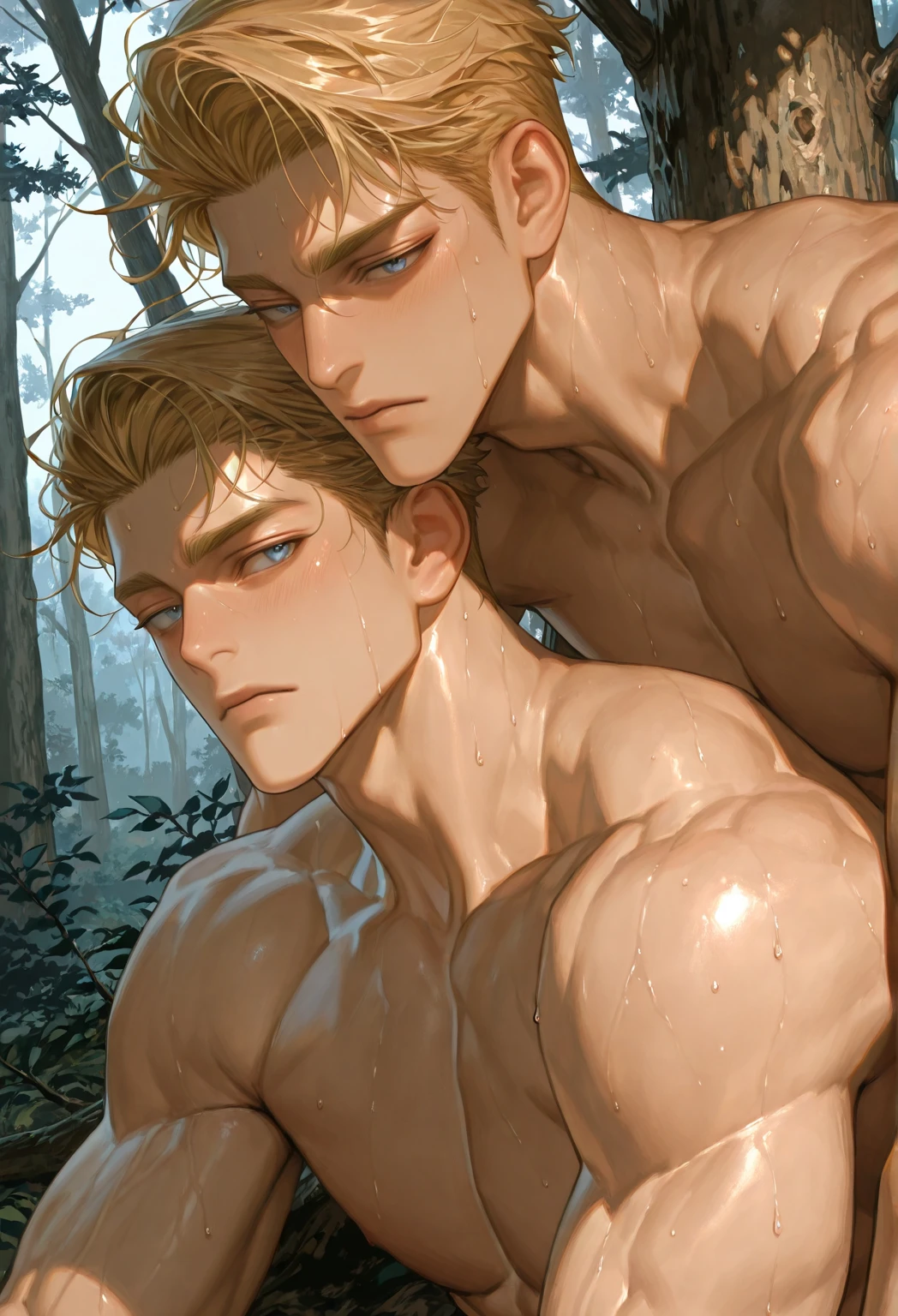 A very beautiful 12 year old boy, White skin , European traits, High Definition, naked torso, strong bare legs, sad look, standing next to a leafy tree, very light brown hair.