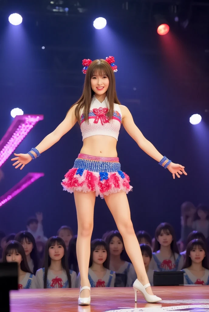 (8K、RAW Photos、Highest quality、masterpiece:1.2)、(Realistic、Realistic)、1 girl、((With pubic hair、Large Breasts、Full body from the front、Hold your skirt with both hands and show me your panties))、Lots of eyelashes、Glowing eyelids、skeletally correct、smile、This photo will awaken boys to sex