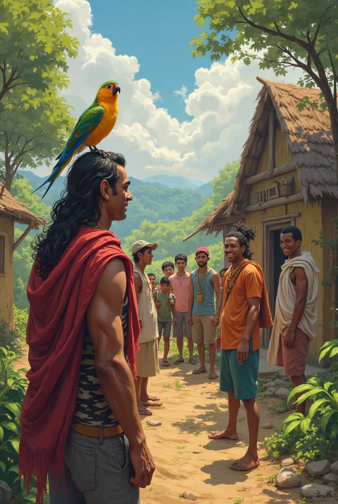 An indigenous man without upper garments with long straight hair looking at his hands, so happy, in the background of the image there is a village with several people dressed in straw and leaves, comic book style, the scene contains vibrant and quite striking colors.