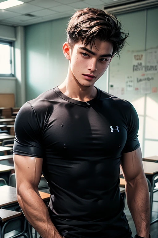 A young 18-year-old male, athletic and well-defined body, lightly tanned skin, black hair, blue eyes, shirtless, thin white almost transparent underwear, in a high school classroom, sitting with his legs open. the same and with a sensual pose
