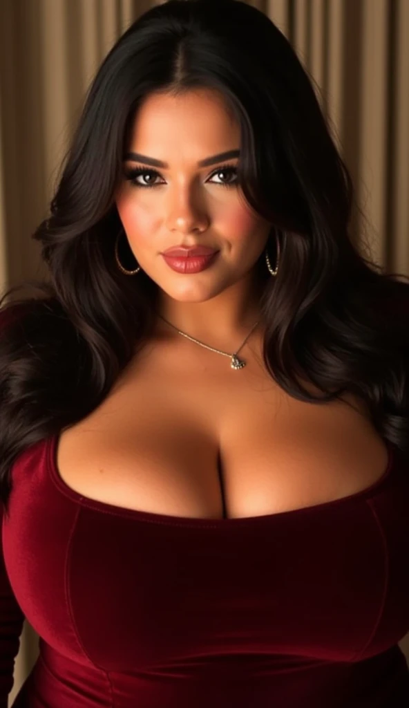 (best quality)), ((masterpiece)), (detailed), ((full body portrait)), perfect face, shiny skin, Envision an art drawing of a female with dark black hair styled in a open free silky manner, her eyes adorned with smoky eyeshadow and dramatic eyeliner, best ratio four finger and one thumb, (realistic:1.3), wearing red velvet mini dress, torn dress, high heels, her curves, huge breasts, slim waist, curvy figure, proportionate hips, huge breasts, seductive smile. Use a dimly light setting to enhance her mysterious charm. red lips, perfect fingers