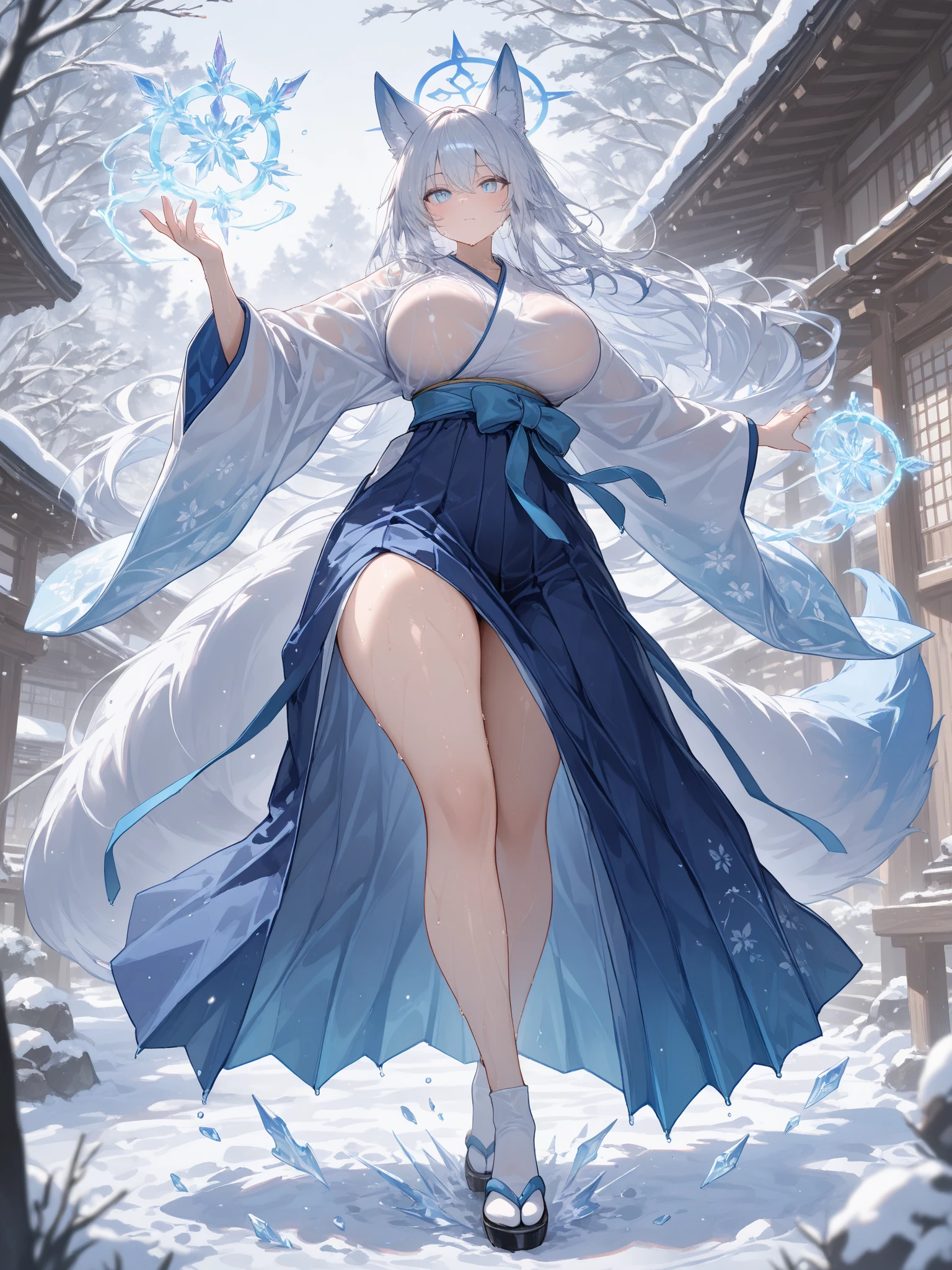 ice woman, white skin, intense blue eyes, long white hair, athletic body, big breasts, long legs, kimono with uncovered shoulders, 8k, hd, masterpiece, full body, white background