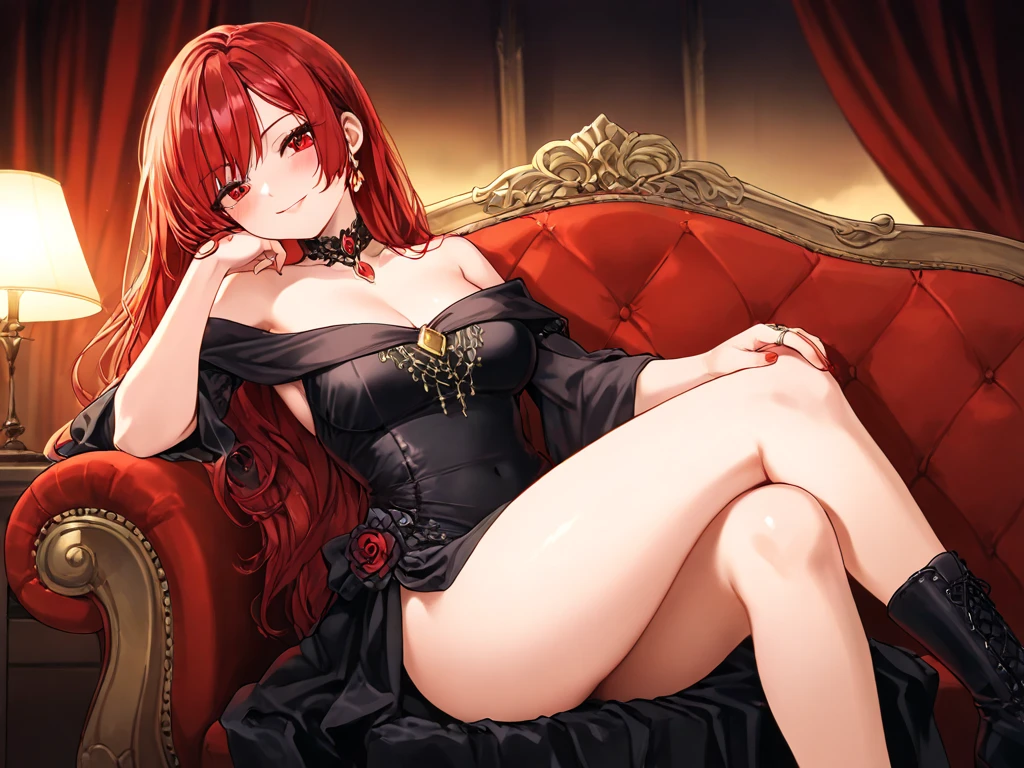 .21 year old woman , Long straight red hair, bright and expressive blue eyes, she opted for an elegant black dress. service, busty. comic style. She is sitting on the sofa in an imposing and sexy pose, your legs are open and your panties are showing, she only wears white panties and high heels.