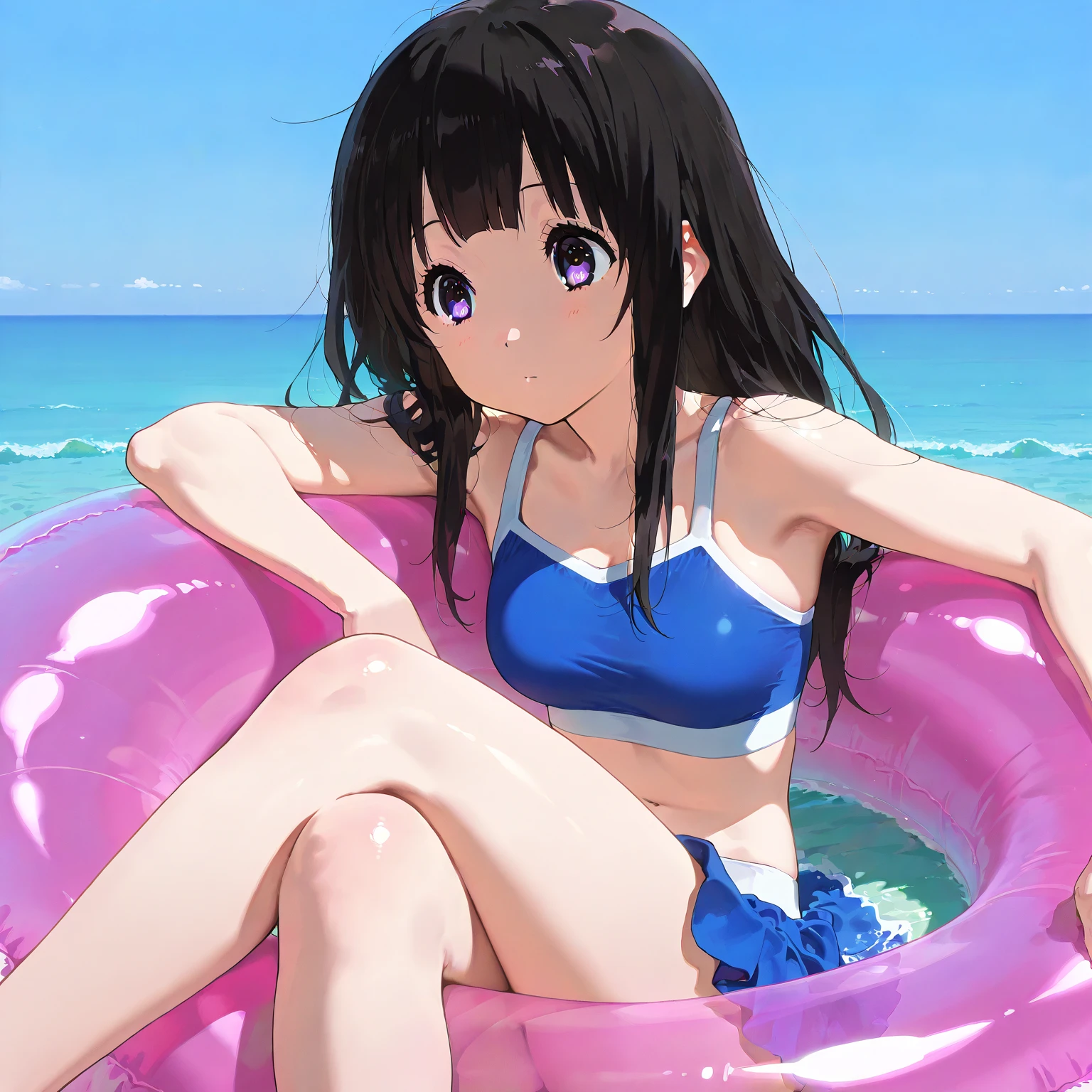 shinkai makoto, kimi no na wa., 1girl, bangs, black hair, brown eyes, twistwd half up, red ribbon, long hair, shinkai makoto, kimi no na wa., smile, fangoutdoors, summer, solo, day, open mouth, blush, looking at the viewer, cowboy shot, blue sky, happy, cloudy_sky, sunlight, bikini, white bikini, masterpiece, beach, sand, ocean, lens_flare, masterpiece, soles, innertube,
