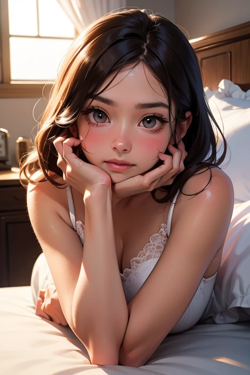 Young Japanese Woman、Large, slightly droopy eyes、Double eyelids、Eyes that give a gentle impression、Smaller, more natural-looking nose、Smaller lips、The lips are well shaped、Straight medium bob hair、Brown Hair、The bangs are short、Smooth, Healthy Skin、Obese、Bust is emphasized、Selfie-style perspective、Inside the hotel、On the bed、Night atmosphere、Dark room、With a slightly soft look、seat、A pose in which one hand is placed behind the back to support the body.、dark blue sexy lingerie（Bra and panties）Wear、Features lace details、The soft light illuminates the character&#39;s skin.、Create a peaceful atmosphere、A quiet, romantic and elegant scene、Chubby body type