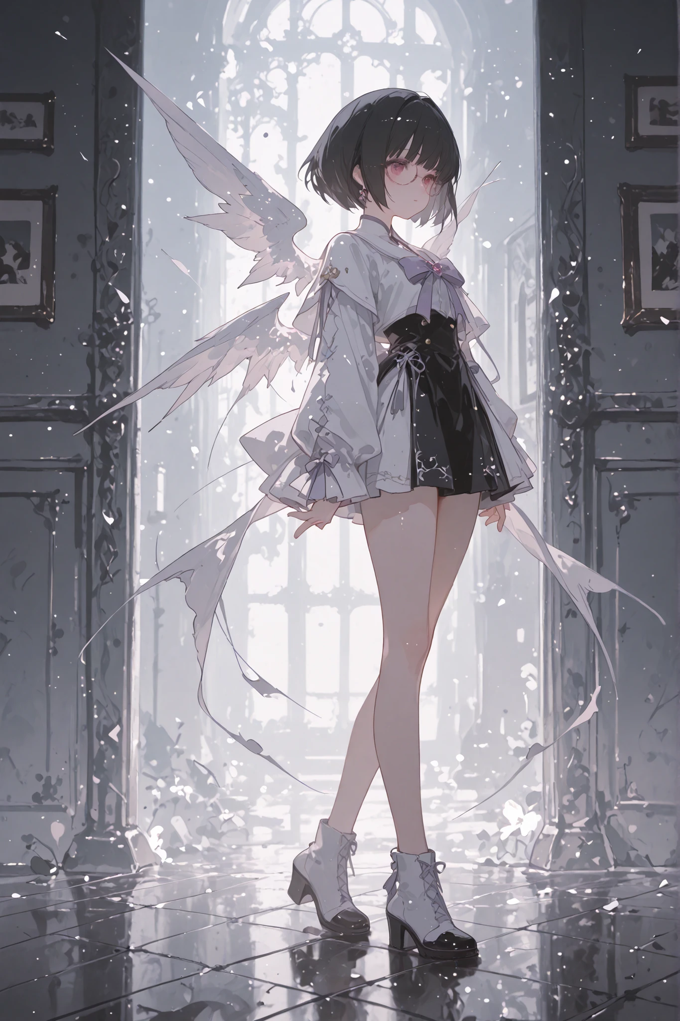 nerdy high school girl、bob cut、glasses、Standing picture、full body image、Grow wings、Magical Girl