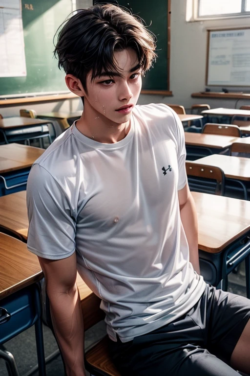 2 person, kissing, 18 year old, muscular man, korean, topless, wearing white jockstrap, sexy, soft light, Masterpiece, best quality, photo realistic, classroom.