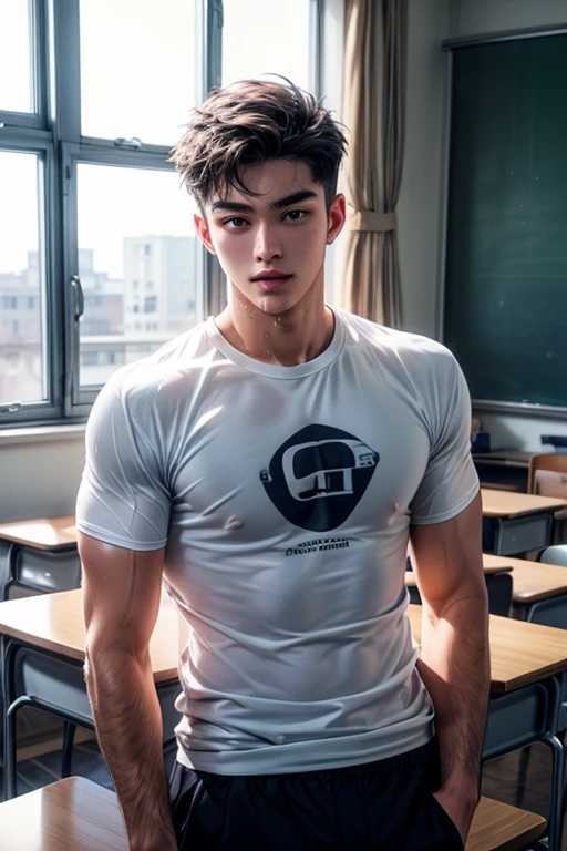 boy, 17 y.o, tan skin, comma hair, fit body, sweatpants, gym