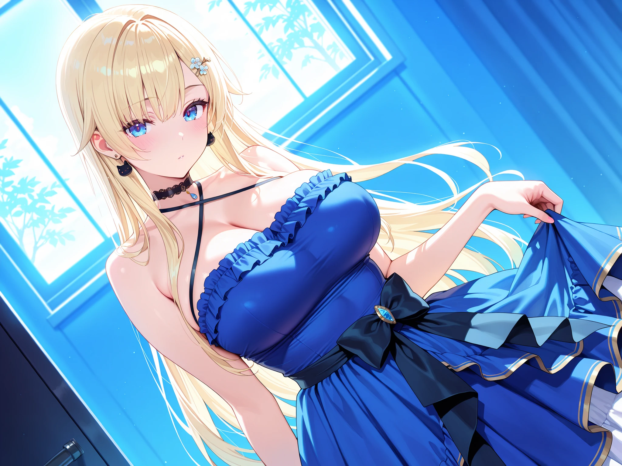 (masterpiece:1.3), (absurdres:1.3), (best quality:1.3), hand of Guido Daniele, (ultra-detailed:1.3),(best shadow:0.7), (handled hair),
1girl, solo, sh1, aizawa ema, large breasts, blonde hair, asymmetrical bangs, blunt bangs, blue eyes, hair ornament, evening_gown, center_opening, cleavage, facing viewer, arms_behind_back, smile, closed_mouth, sparkle,