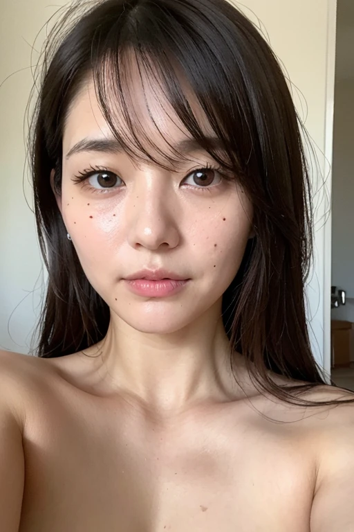 Portrait of a middle-aged Taiwanese woman, 40 years old, cute face, Slim, Tortitz, (big sagging:1.1), huge nipples, wear (Sexy sweater:1.2),, Bokeh background, Simple background, (highly refined skin:1.0), (masterpiece:1.2) (lifelike:1.2) (Bokeh) (best quality) (intricate details) (8K) (high dynamic range) (analog film) (canon d5) (movie lighting) (sharp focus),tie a ponytail，Lying in bed