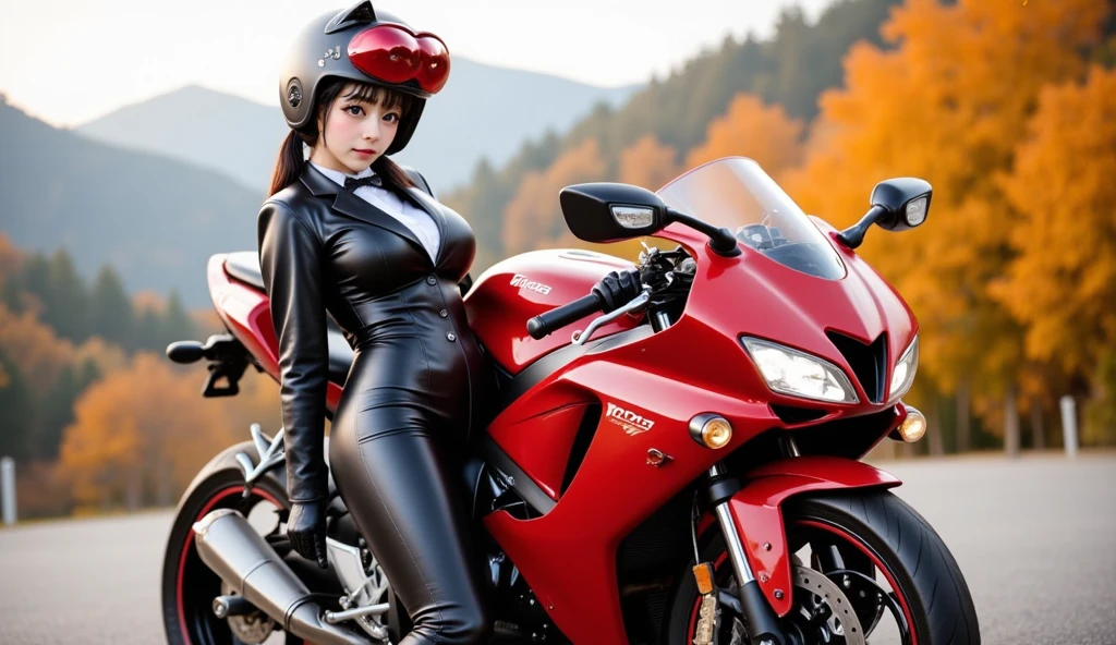 (highest quality、High resolution、8K、masterpiece:1.2、colorful)。Under a clear blue sky、A mountain road lined with beautiful mountains、Beautiful girl getting off her Harley and taking pictures of the mountain with her smartphone。Wearing a rider suit and looking at the mountains。(beautiful girl appearance:short hair、smile、Sweat、messy hair、Helmet)