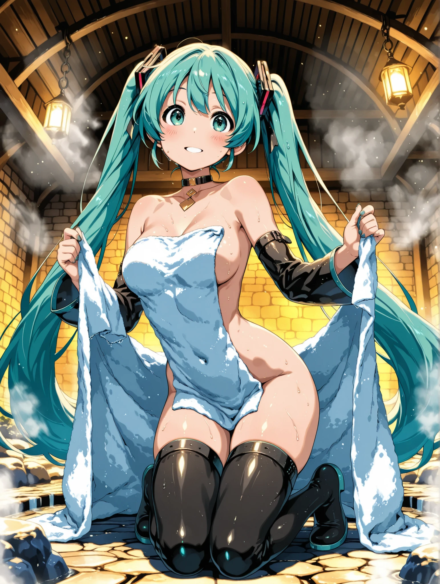 aqua hair, medium hair, blue eyes,photorealistic, high resolution, soft light,1women, solo, hips up, shining skin, (detailed face), strapless leotard, pantyhose, rabbit ears, folded ponytail, putple hair, necktie, wrist cuffs (wearing a satin corset and thigh highs), jewelry, tattoo