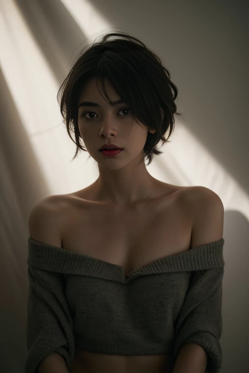 Best quality, masterpiece, ultra high res, (photorealistic:1.5), raw photo, 1girl, offshoulder, in the dark, deep shadow, low key, cold light, sexy look, short hair, underwear